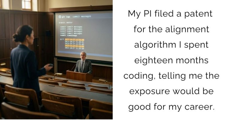 My PI filed a patent for the alignment algorithm I spent eighteen months coding, telling me the exposure would be good for my career.