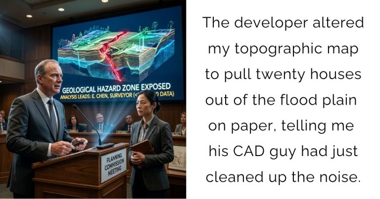 The developer altered my topographic map to pull twenty houses out of the flood plain on paper, telling me his CAD guy had just cleaned up the noise.