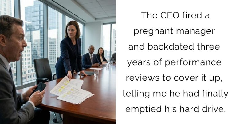 The CEO fired a pregnant manager and backdated three years of performance reviews to cover it up, telling me he had finally emptied his hard drive.
