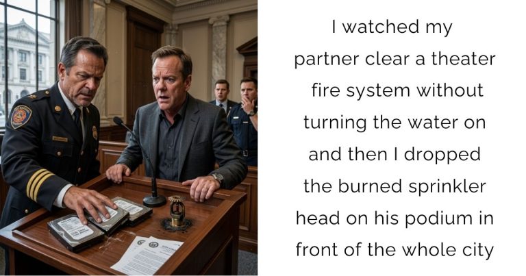 I watched my partner clear a theater fire system without turning the water on and then I dropped the burned sprinkler head on his podium in front of the whole city