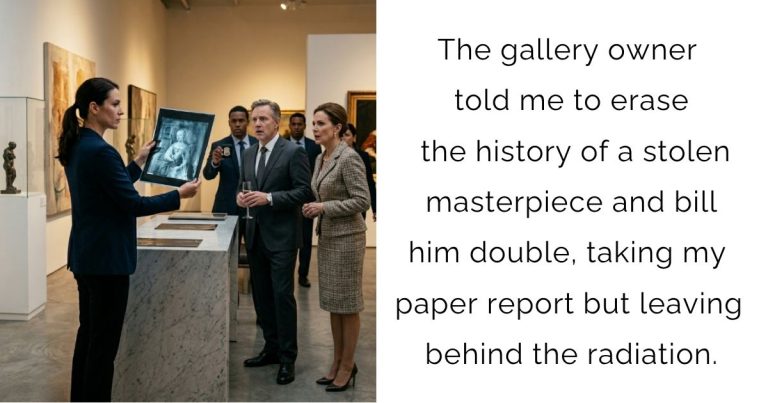 The gallery owner told me to erase the history of a stolen masterpiece and bill him double, taking my paper report but leaving behind the radiation.