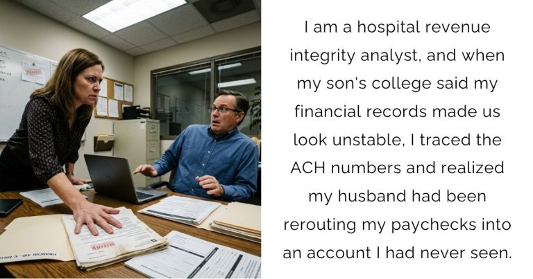 I am a hospital revenue integrity analyst, and when my son’s college said my financial records made us look unstable, I traced the ACH numbers and realized my husband had been rerouting my paychecks into an account I had never seen.