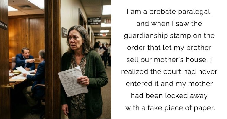 I am a probate paralegal, and when I saw the guardianship stamp on the order that let my brother sell our mother’s house, I realized the court had never entered it and my mother had been locked away with a fake piece of paper.