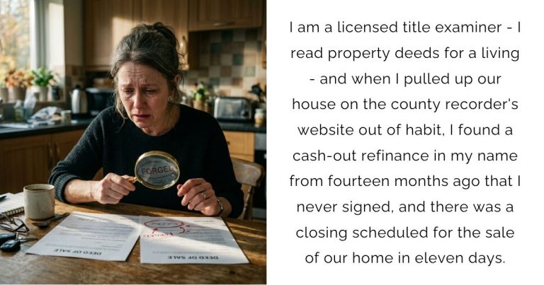I am a licensed title examiner – I read property deeds for a living – and when I pulled up our house on the county recorder’s website out of habit, I found a cash-out refinance in my name from fourteen months ago that I never signed, and there was a closing scheduled for the sale of our home in eleven days.
