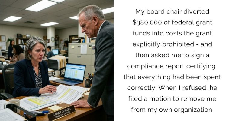 My board chair diverted $380,000 of federal grant funds into costs the grant explicitly prohibited – and then asked me to sign a compliance report certifying that everything had been spent correctly. When I refused, he filed a motion to remove me from my own organization.