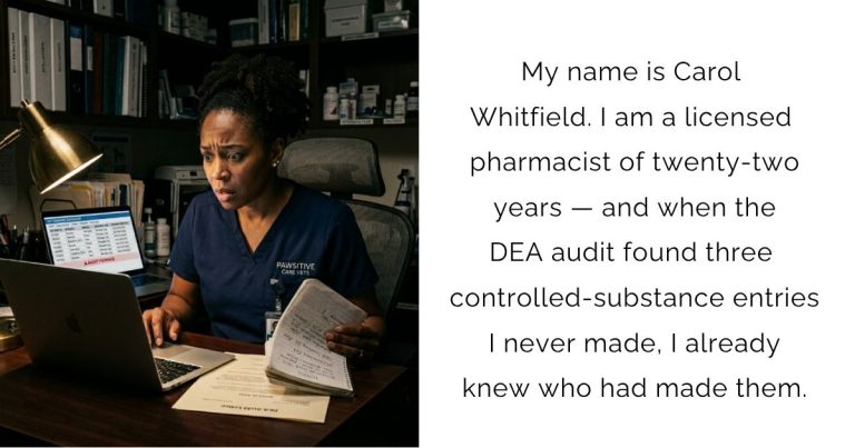 My name is Carol Whitfield. I am a licensed pharmacist of twenty-two years — and when the DEA audit found three controlled-substance entries I never made, I already knew who had made them.