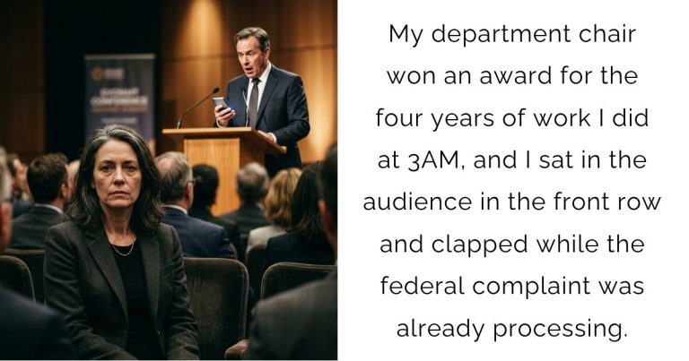 My department chair won an award for the four years of work I did at 3AM, and I sat in the audience in the front row and clapped while the federal complaint was already processing.