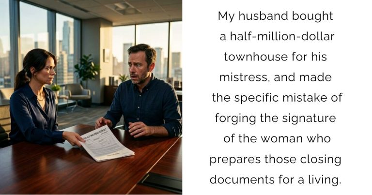 My husband bought a half-million-dollar townhouse for his mistress, and made the specific mistake of forging the signature of the woman who prepares those closing documents for a living.