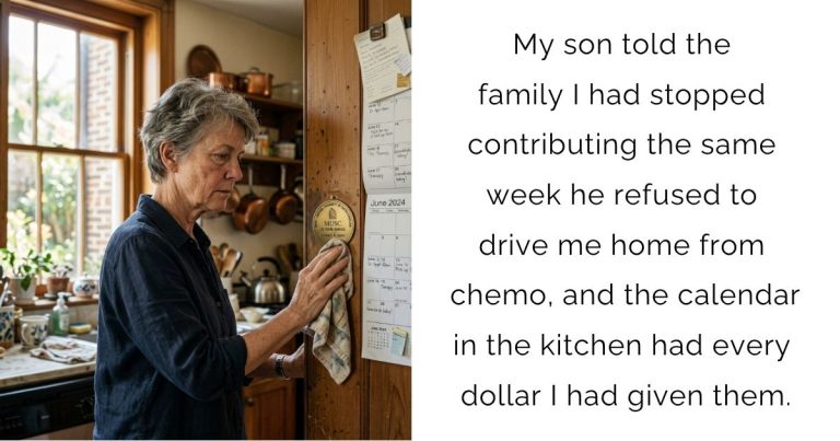 My son told the family I had stopped contributing the same week he refused to drive me home from chemo, and the calendar in the kitchen had every dollar I had given them.