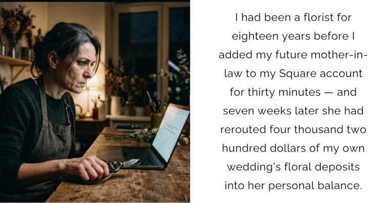 I had been a florist for eighteen years before I added my future mother-in-law to my Square account for thirty minutes — and seven weeks later she had rerouted four thousand two hundred dollars of my own wedding’s floral deposits into her personal balance.