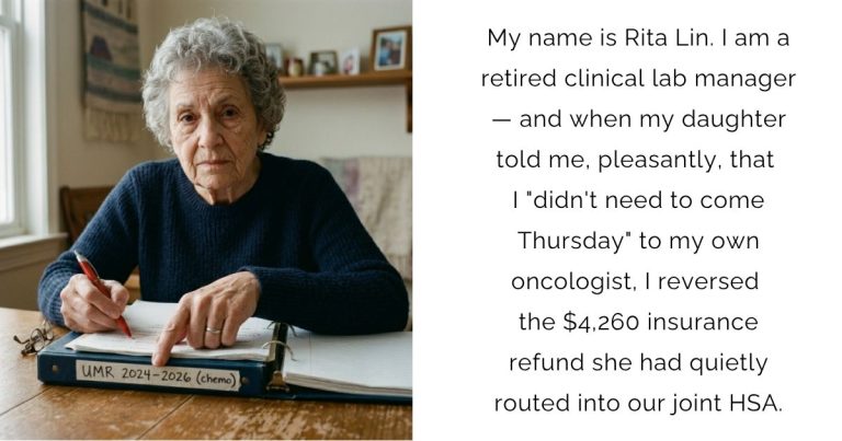 My name is Rita Lin. I am a retired clinical lab manager — and when my daughter told me, pleasantly, that I “didn’t need to come Thursday” to my own oncologist, I reversed the $4,260 insurance refund she had quietly routed into our joint HSA.
