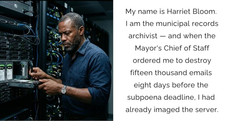 My name is Harriet Bloom. I am the municipal records archivist — and when the Mayor’s Chief of Staff ordered me to destroy fifteen thousand emails eight days before the subpoena deadline, I had already imaged the server.