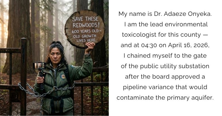 My name is Dr. Adaeze Onyeka. I am the lead environmental toxicologist for this county — and at 04:30 on April 16, 2026, I chained myself to the gate of the public utility substation after the board approved a pipeline variance that would contaminate the primary aquifer.