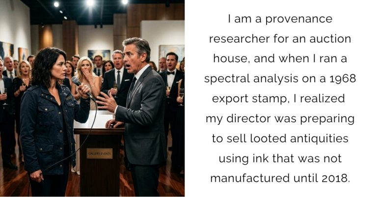 I am a provenance researcher for an auction house, and when I ran a spectral analysis on a 1968 export stamp, I realized my director was preparing to sell looted antiquities using ink that was not manufactured until 2018.