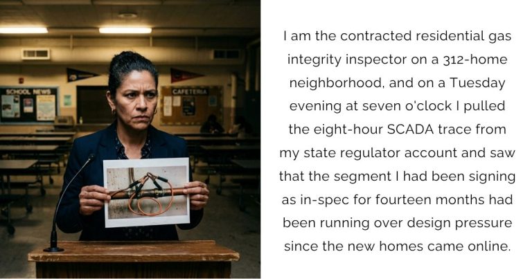 I am the contracted residential gas integrity inspector on a 312-home neighborhood, and on a Tuesday evening at seven o’clock I pulled the eight-hour SCADA trace from my state regulator account and saw that the segment I had been signing as in-spec for fourteen months had been running over design pressure since the new homes came online.