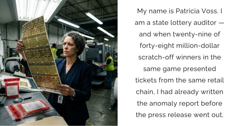 My name is Patricia Voss. I am a state lottery auditor — and when twenty-nine of forty-eight million-dollar scratch-off winners in the same game presented tickets from the same retail chain, I had already written the anomaly report before the press release went out.