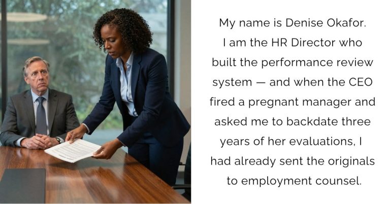 My name is Denise Okafor. I am the HR Director who built the performance review system — and when the CEO fired a pregnant manager and asked me to backdate three years of her evaluations, I had already sent the originals to employment counsel.