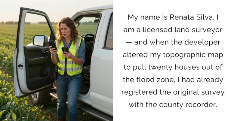 My name is Renata Silva. I am a licensed land surveyor — and when the developer altered my topographic map to pull twenty houses out of the flood zone, I had already registered the original survey with the county recorder.
