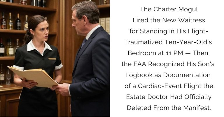 The Charter Mogul Fired the New Waitress for Standing in His Flight-Traumatized Ten-Year-Old’s Bedroom at 11 PM — Then the FAA Recognized His Son’s Logbook as Documentation of a Cardiac-Event Flight the Estate Doctor Had Officially Deleted From the Manifest.