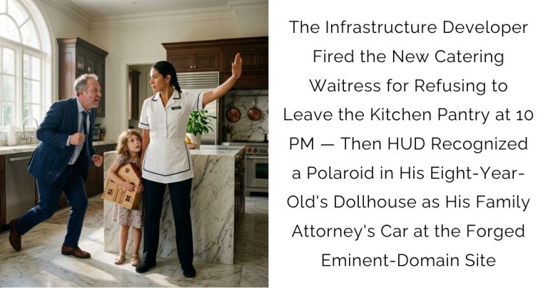 The Infrastructure Developer Fired the New Catering Waitress for Refusing to Leave the Kitchen Pantry at 10 PM — Then HUD Recognized a Polaroid in His Eight-Year-Old’s Dollhouse as His Family Attorney’s Car at the Forged Eminent-Domain Site