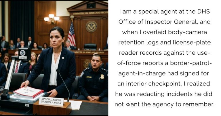 I am a special agent at the DHS Office of Inspector General, and when I overlaid body-camera retention logs and license-plate reader records against the use-of-force reports a border-patrol-agent-in-charge had signed for an interior checkpoint, I realized he was redacting incidents he did not want the agency to remember.