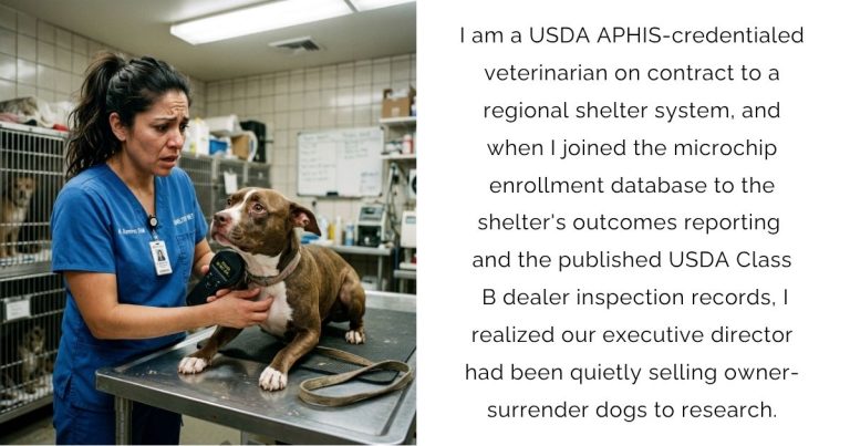 I am a USDA APHIS-credentialed veterinarian on contract to a regional shelter system, and when I joined the microchip enrollment database to the shelter’s outcomes reporting and the published USDA Class B dealer inspection records, I realized our executive director had been quietly selling owner-surrender dogs to research.