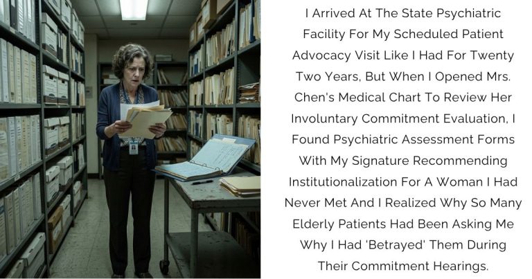 I Arrived At The State Psychiatric Facility For My Scheduled Patient Advocacy Visit Like I Had For Twenty-Two Years, But When I Opened Mrs. Chen’s Medical Chart To Review Her Involuntary Commitment Evaluation, I Found Psychiatric Assessment Forms With My Signature Recommending Institutionalization For A Woman I Had Never Met — And I Realized Why So Many Elderly Patients Had Been Asking Me Why I Had ‘Betrayed’ Them During Their Commitment Hearings.