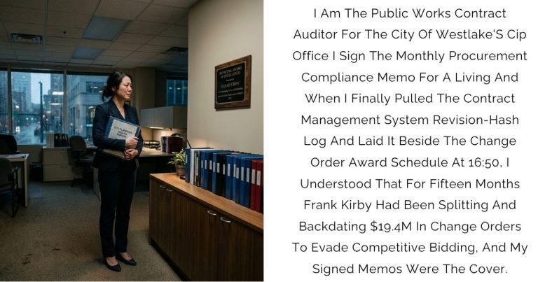 I Am The Public Works Contract Auditor For The City Of Westlake’S Cip Office—I Sign The Monthly Procurement-Compliance Memo For A Living—And When I Finally Pulled The Contract Management System Revision-Hash Log And Laid It Beside The Change-Order Award Schedule At 16:50, I Understood That For Fifteen Months Frank Kirby Had Been Splitting And Backdating $19.4M In Change Orders To Evade Competitive Bidding, And My Signed Memos Were The Cover.