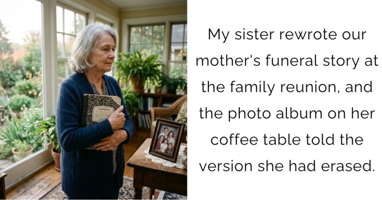 My sister rewrote our mother’s funeral story at the family reunion, and the photo album on her coffee table told the version she had erased.
