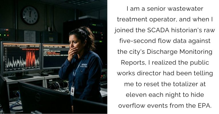 I am a senior wastewater treatment operator, and when I joined the SCADA historian’s raw five-second flow data against the city’s Discharge Monitoring Reports, I realized the public works director had been telling me to reset the totalizer at eleven each night to hide overflow events from the EPA.