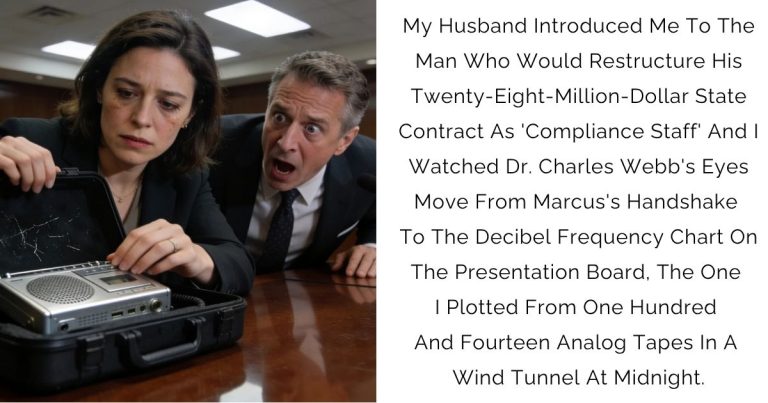 My Husband Introduced Me To The Man Who Would Restructure His Twenty-Eight-Million-Dollar State Contract As ‘Compliance Staff’ — And I Watched Dr. Charles Webb’s Eyes Move From Marcus’s Handshake To The Decibel Frequency Chart On The Presentation Board, The One I Plotted From One Hundred And Fourteen Analog Tapes In A Wind Tunnel At Midnight.