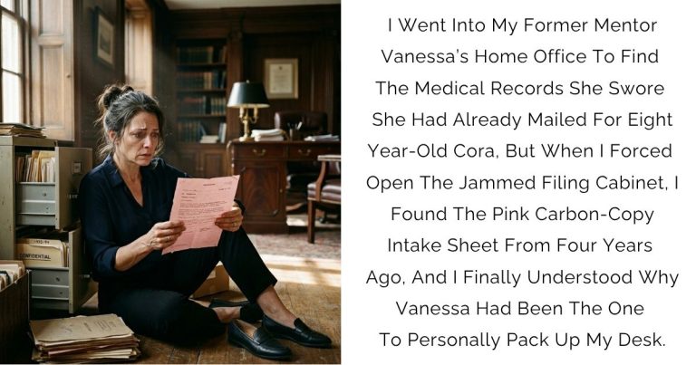 I Went Into My Former Mentor Vanessa’s Home Office To Find The Medical Records She Swore She Had Already Mailed For Eight-Year-Old Cora, But When I Forced Open The Jammed Filing Cabinet, I Found The Pink Carbon-Copy Intake Sheet From Four Years Ago, And I Finally Understood Why Vanessa Had Been The One To Personally Pack Up My Desk.