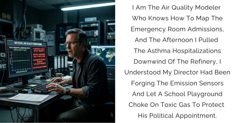I Am The Air Quality Modeler Who Knows How To Map The Emergency Room Admissions, And The Afternoon I Pulled The Asthma Hospitalizations Downwind Of The Refinery, I Understood My Director Had Been Forging The Emission Sensors — And Let A School Playground Choke On Toxic Gas To Protect His Political Appointment.