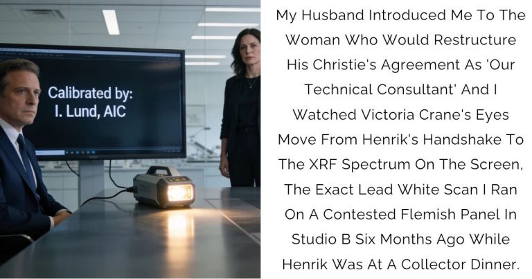 My Husband Introduced Me To The Woman Who Would Restructure His Christie’s Agreement As ‘Our Technical Consultant’—And I Watched Victoria Crane’s Eyes Move From Henrik’s Handshake To The XRF Spectrum On The Screen, The Exact Lead White Scan I Ran On A Contested Flemish Panel In Studio B Six Months Ago While Henrik Was At A Collector Dinner.