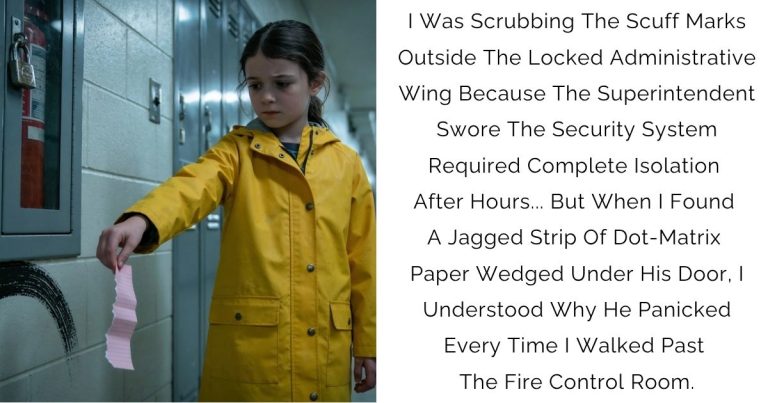 I Was Scrubbing The Scuff Marks Outside The Locked Administrative Wing Because The Superintendent Swore The Security System Required Complete Isolation After Hours… But When I Found A Jagged Strip Of Dot-Matrix Paper Wedged Under His Door, I Understood Why He Panicked Every Time I Walked Past The Fire Control Room.