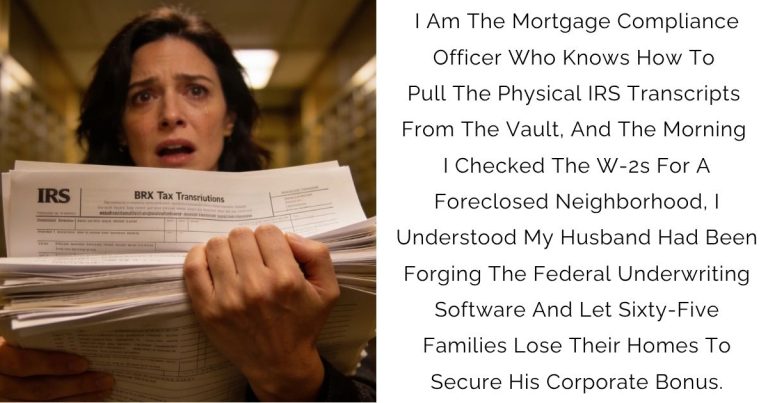 I Am The Mortgage Compliance Officer Who Knows How To Pull The Physical IRS Transcripts From The Vault, And The Morning I Checked The W-2s For A Foreclosed Neighborhood, I Understood My Husband Had Been Forging The Federal Underwriting Software—And Let Sixty-Five Families Lose Their Homes To Secure His Corporate Bonus.
