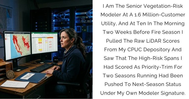 I Am The Senior Vegetation-Risk Modeler At A 1.6 Million-Customer Utility, And At Ten In The Morning Two Weeks Before Fire Season I Pulled The Raw LiDAR Scores From My CPUC Depository And Saw That The High-Risk Spans I Had Scored As Priority-Trim For Two Seasons Running Had Been Pushed To Next-Season Status Under My Own Modeler Signature.
