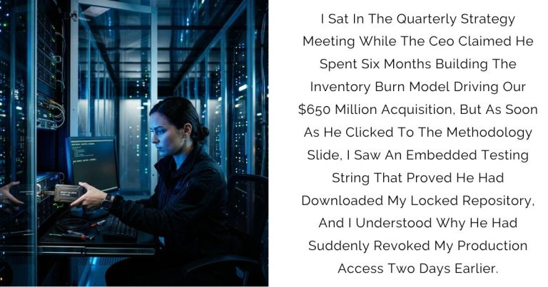 I Sat In The Quarterly Strategy Meeting While The Ceo Claimed He Spent Six Months Building The Inventory Burn Model Driving Our $650 Million Acquisition, But As Soon As He Clicked To The Methodology Slide, I Saw An Embedded Testing String That Proved He Had Downloaded My Locked Repository, And I Understood Why He Had Suddenly Revoked My Production Access Two Days Earlier.