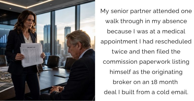 My senior partner attended one walk-through in my absence – because I was at a medical appointment I had rescheduled twice – and then filed the commission paperwork listing himself as the originating broker on an 18-month deal I built from a cold email.