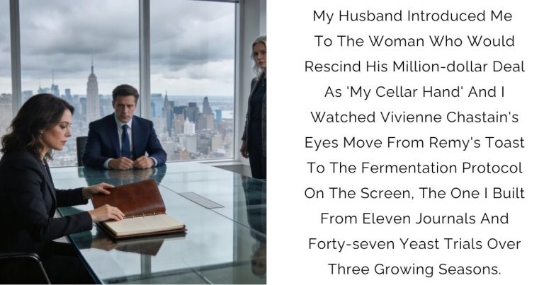 My Husband Introduced Me To The Woman Who Would Rescind His Million-dollar Deal As ‘My Cellar Hand’ — And I Watched Vivienne Chastain’s Eyes Move From Remy’s Toast To The Fermentation Protocol On The Screen, The One I Built From Eleven Journals And Forty-seven Yeast Trials Over Three Growing Seasons.