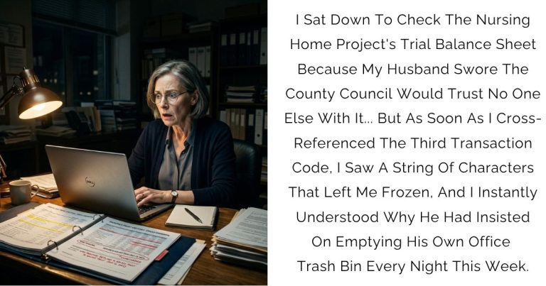 I Sat Down To Check The Nursing Home Project’s Trial Balance Sheet Because My Husband Swore The County Council Would Trust No One Else With It… But As Soon As I Cross-Referenced The Third Transaction Code, I Saw A String Of Characters That Left Me Frozen, And I Instantly Understood Why He Had Insisted On Emptying His Own Office Trash Bin Every Night This Week.