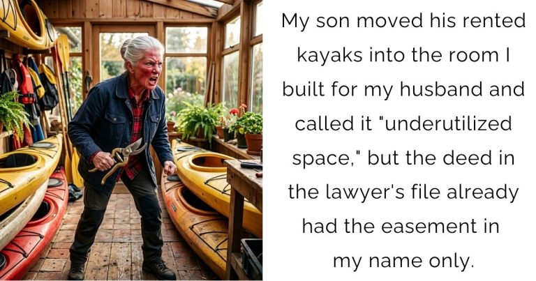 My son moved his rented kayaks into the room I built for my husband and called it “underutilized space,” but the deed in the lawyer’s file already had the easement in my name only.