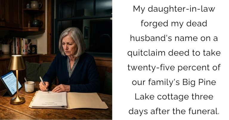 My daughter-in-law forged my dead husband’s name on a quitclaim deed to take twenty-five percent of our family’s Big Pine Lake cottage three days after the funeral.
