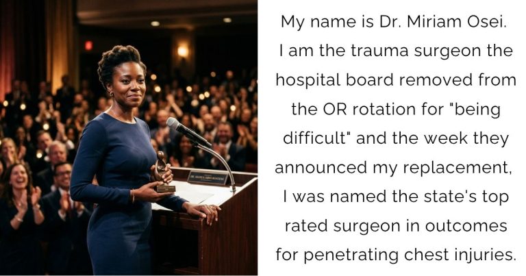 My name is Dr. Miriam Osei. I am the trauma surgeon the hospital board removed from the OR rotation for “being difficult” — and the week they announced my replacement, I was named the state’s top-rated surgeon in outcomes for penetrating chest injuries.