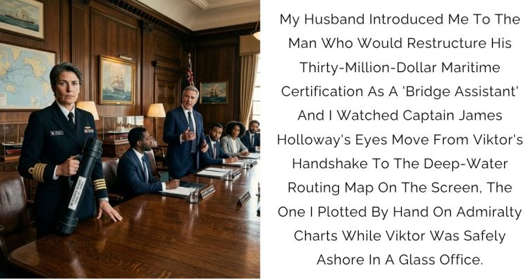 My Husband Introduced Me To The Man Who Would Restructure His Thirty-Million-Dollar Maritime Certification As A ‘Bridge Assistant’ — And I Watched Captain James Holloway’s Eyes Move From Viktor’s Handshake To The Deep-Water Routing Map On The Screen, The One I Plotted By Hand On Admiralty Charts While Viktor Was Safely Ashore In A Glass Office.