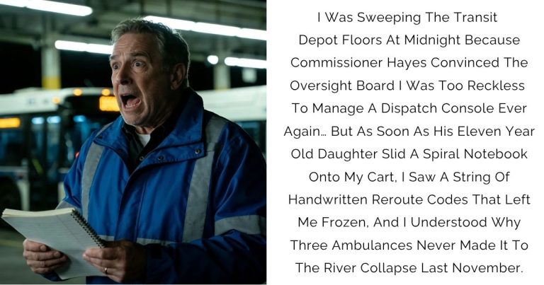 I Was Sweeping The Transit Depot Floors At Midnight Because Commissioner Hayes Convinced The Oversight Board I Was Too Reckless To Manage A Dispatch Console Ever Again… But As Soon As His Eleven-Year-Old Daughter Slid A Spiral Notebook Onto My Cart, I Saw A String Of Handwritten Reroute Codes That Left Me Frozen, And I Understood Why Three Ambulances Never Made It To The River Collapse Last November.