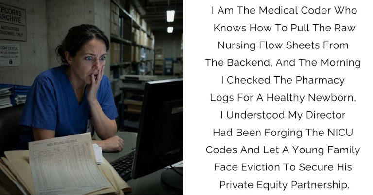 I Am The Medical Coder Who Knows How To Pull The Raw Nursing Flow Sheets From The Backend, And The Morning I Checked The Pharmacy Logs For A Healthy Newborn, I Understood My Director Had Been Forging The NICU Codes—And Let A Young Family Face Eviction To Secure His Private Equity Partnership.