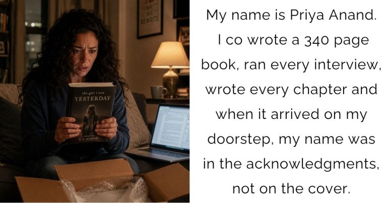 My name is Priya Anand. I co-wrote a 340-page book, ran every interview, wrote every chapter — and when it arrived on my doorstep, my name was in the acknowledgments, not on the cover.