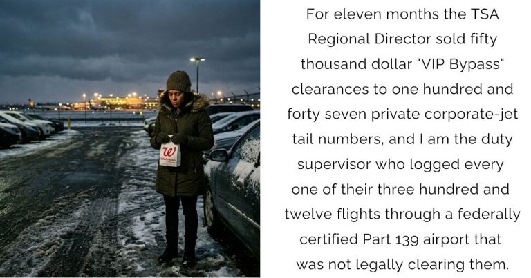 For eleven months the TSA Regional Director sold fifty-thousand-dollar “VIP Bypass” clearances to one hundred and forty-seven private corporate-jet tail numbers, and I am the duty supervisor who logged every one of their three hundred and twelve flights through a federally certified Part 139 airport that was not legally clearing them.