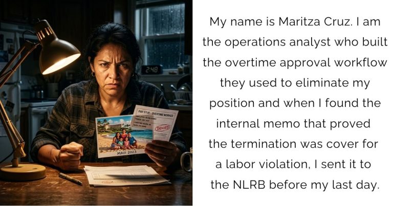 My name is Maritza Cruz. I am the operations analyst who built the overtime-approval workflow they used to eliminate my position — and when I found the internal memo that proved the termination was cover for a labor violation, I sent it to the NLRB before my last day.